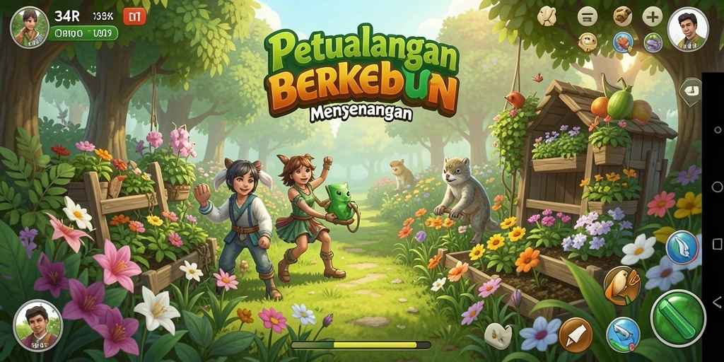 Screenshot gameplay 34R menunjukkan aktivitas berkebun yang seru.