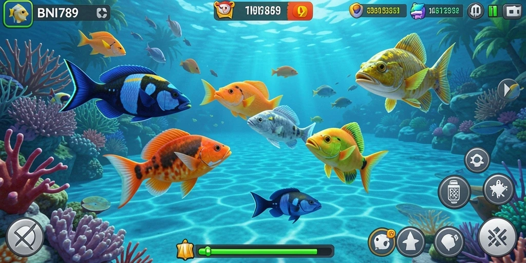 Gameplay seru BNI789 dengan variasi ikan yang berwarna-warni.