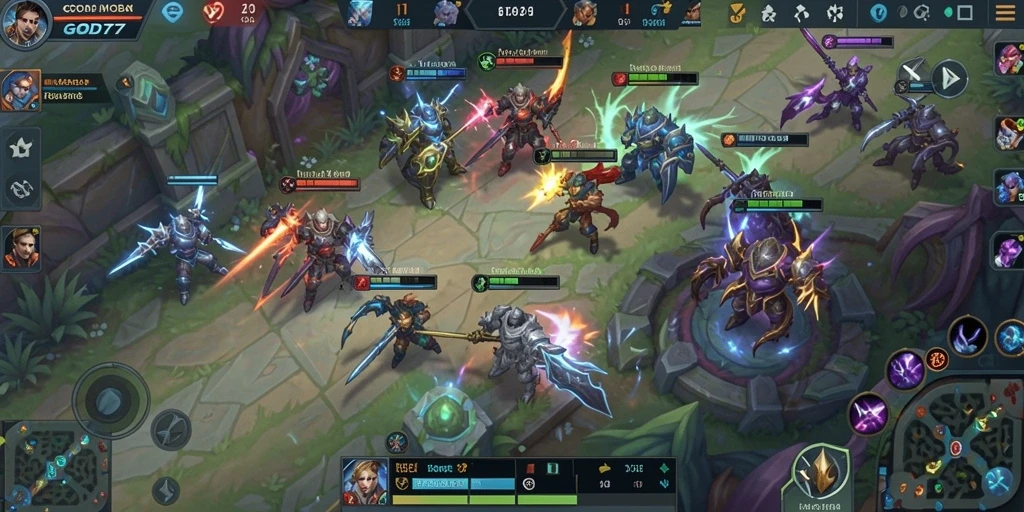 Tangkapan layar utama GOD77 menampilkan aksi gameplay seru di arena MOBA.