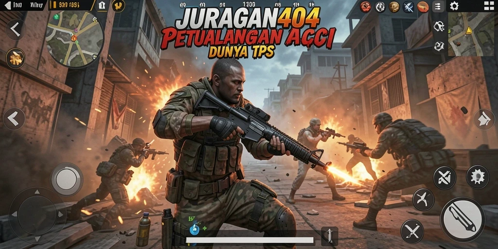 Screenshot utama JURAGAN404 menampilkan aksi seru dalam gameplay TPS.