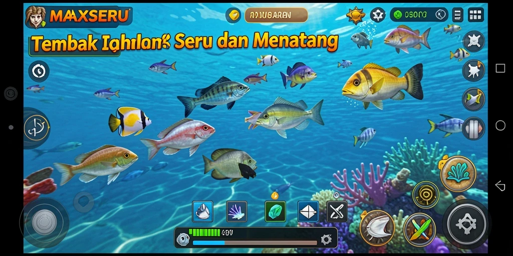 Tampilan gameplay seru dalam MAXSERU saat menembak ikan.