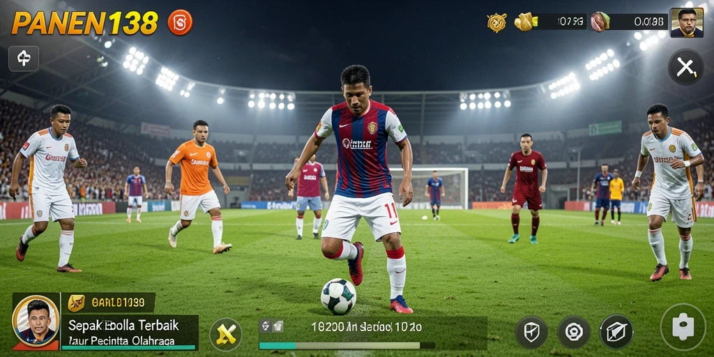 Screenshot gameplay PANEN138 menunjukkan aksi intens di lapangan sepak bola.