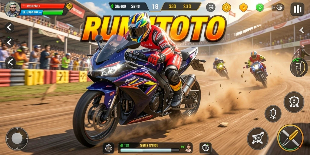 Screenshot gameplay RUMPITOTO menampilkan aksi balapan motor yang mendebarkan.